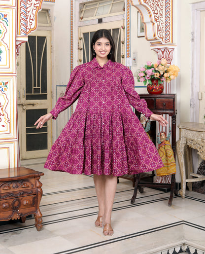 Miravan Womens Magenta Collar Neck Long Puff Sleeve Gathered Tiered Loose Fit A-Line Dress