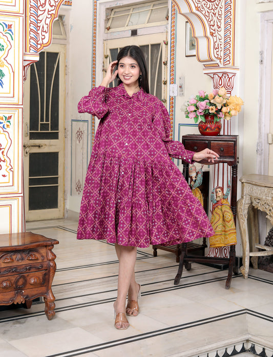 Miravan Womens Magenta Collar Neck Long Puff Sleeve Gathered Tiered Loose Fit A-Line Dress