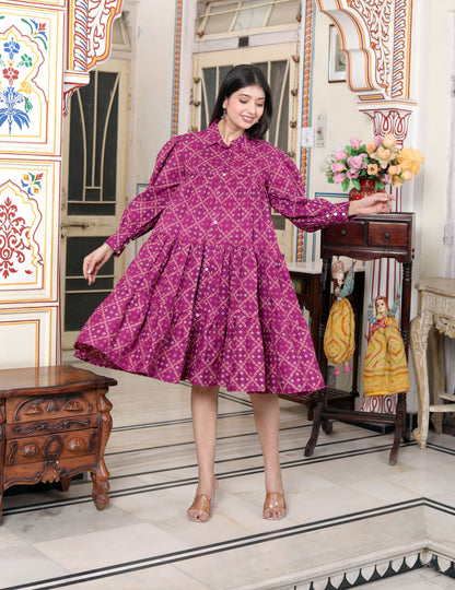 Miravan Womens Magenta Collar Neck Long Puff Sleeve Gathered Tiered Loose Fit A-Line Dress