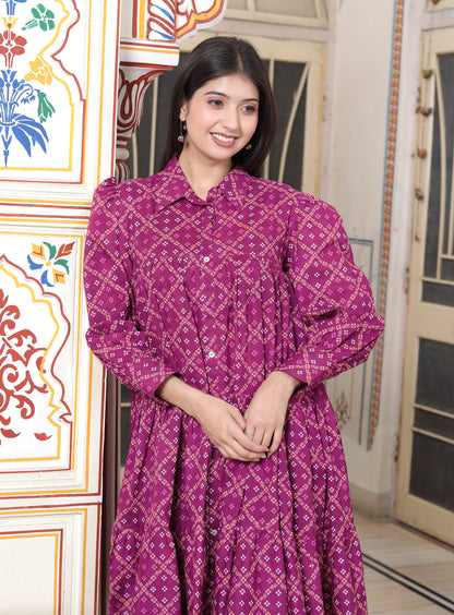 Miravan Womens Magenta Collar Neck Long Puff Sleeve Gathered Tiered Loose Fit A-Line Dress