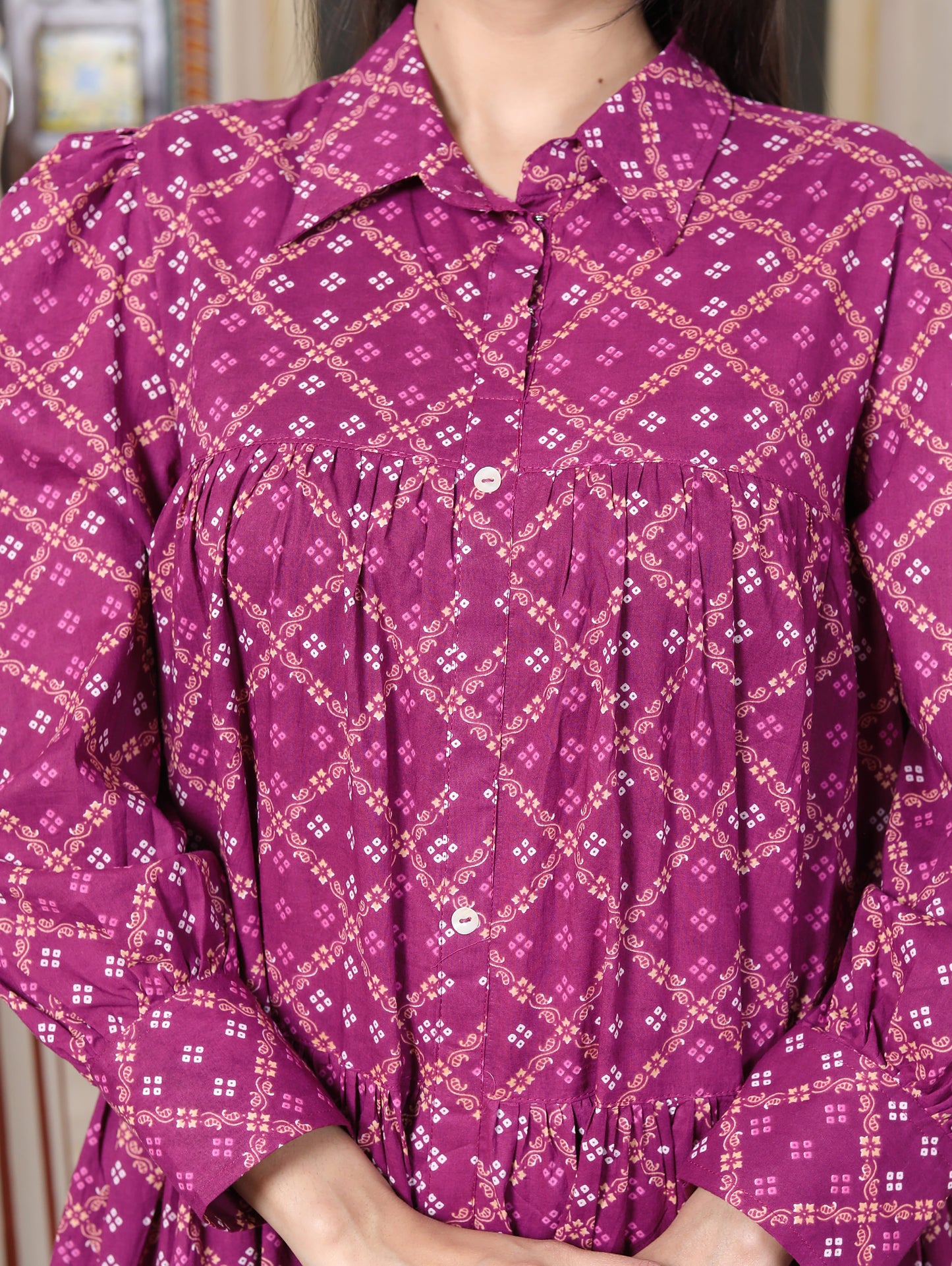 Miravan Womens Magenta Collar Neck Long Puff Sleeve Gathered Tiered Loose Fit A-Line Dress