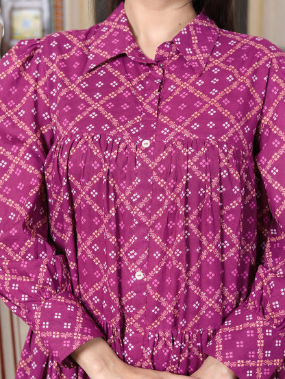 Miravan Womens Magenta Collar Neck Long Puff Sleeve Gathered Tiered Loose Fit A-Line Dress