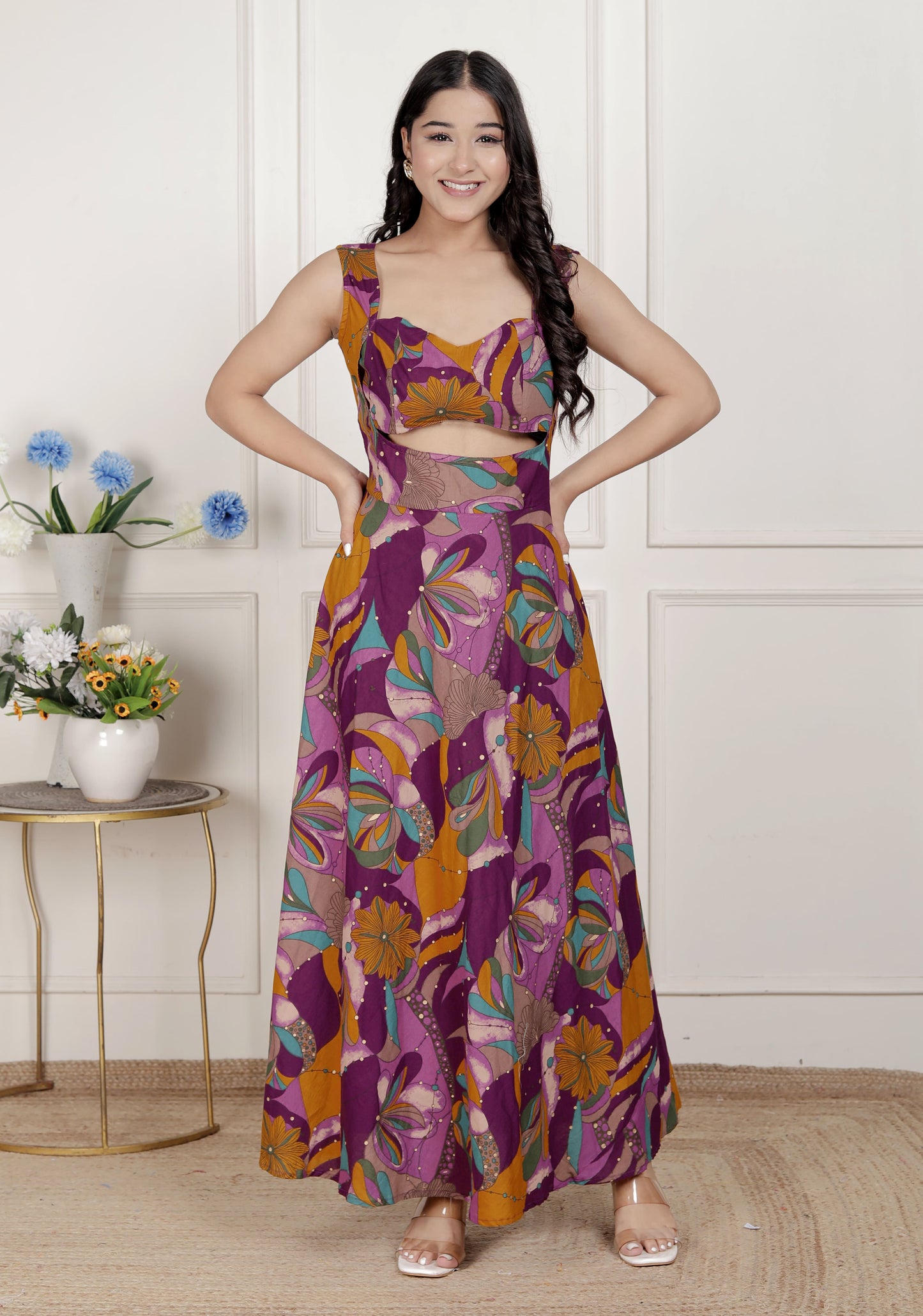 Miravan Womens Purple Pure Cotton Floral Printed Sleeveless Cut Out Western Dress