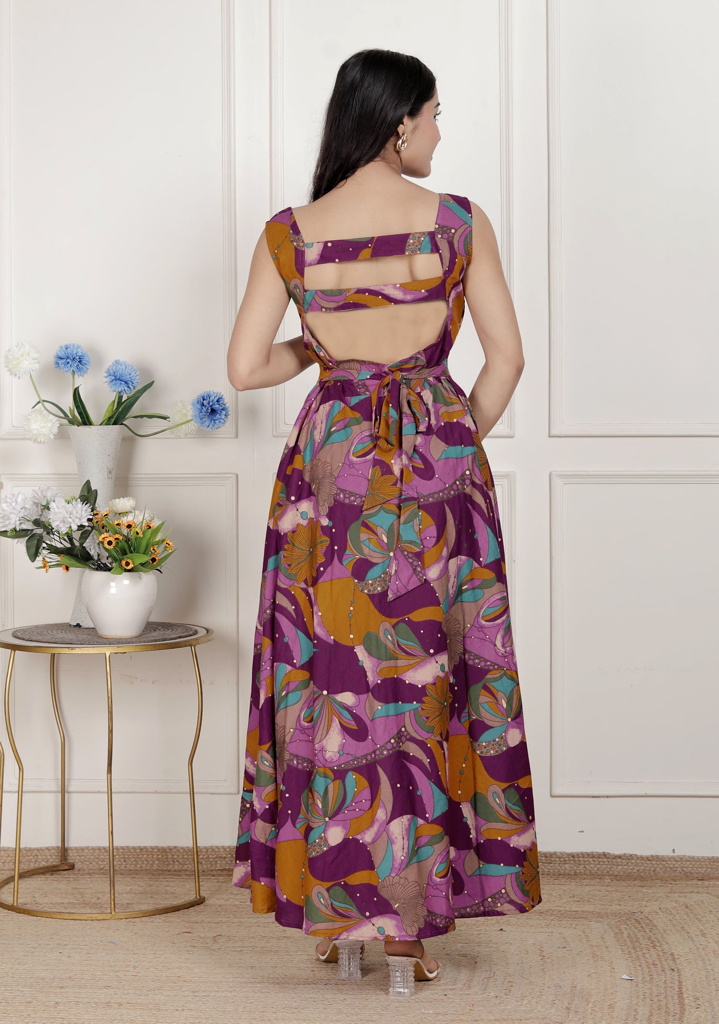 Miravan Womens Purple Pure Cotton Floral Printed Sleeveless Cut Out Western Dress