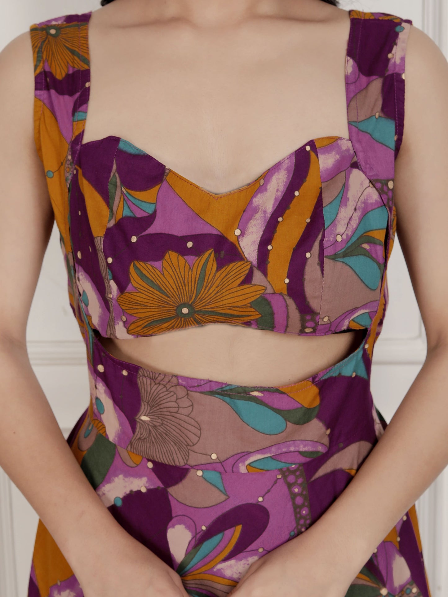 Miravan Womens Purple Pure Cotton Floral Printed Sleeveless Cut Out Western Dress