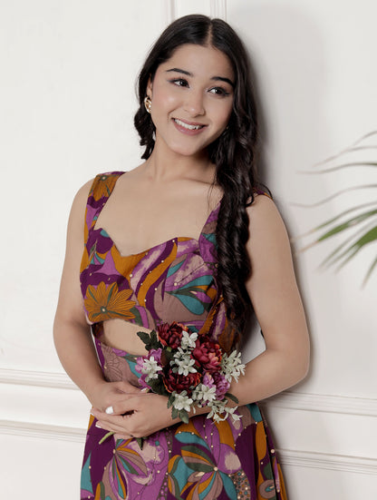 Miravan Womens Purple Pure Cotton Floral Printed Sleeveless Cut Out Western Dress