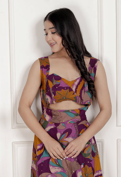 Miravan Womens Purple Pure Cotton Floral Printed Sleeveless Cut Out Western Dress