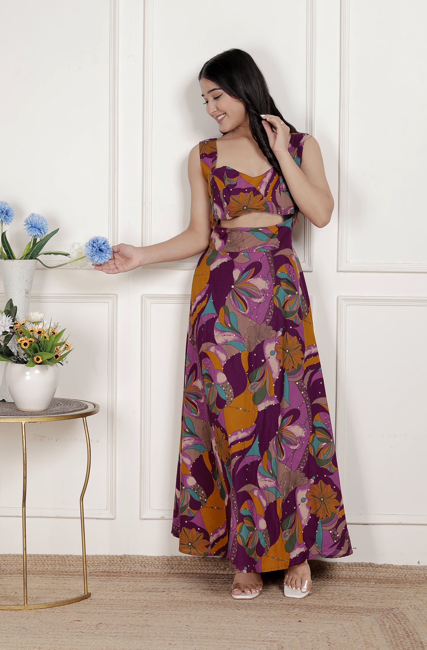 Miravan Womens Purple Pure Cotton Floral Printed Sleeveless Cut Out Western Dress