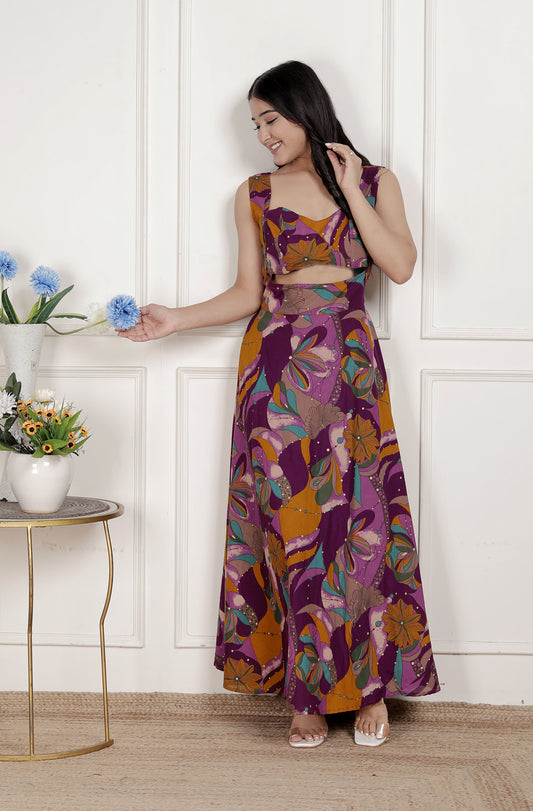 Miravan Womens Purple Pure Cotton Floral Printed Sleeveless Cut Out Western Dress