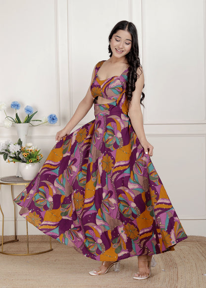 Miravan Womens Purple Pure Cotton Floral Printed Sleeveless Cut Out Western Dress