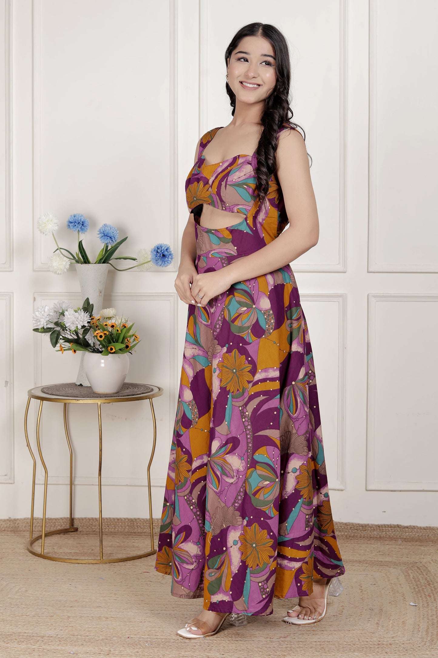 Miravan Womens Purple Pure Cotton Floral Printed Sleeveless Cut Out Western Dress