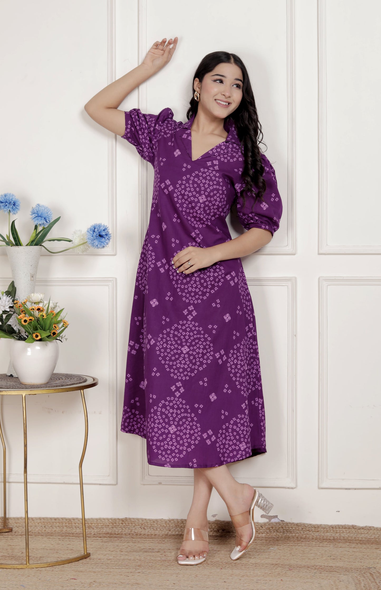 Miravan Womens Purple Bandhni printed A-Line Midi Dress
