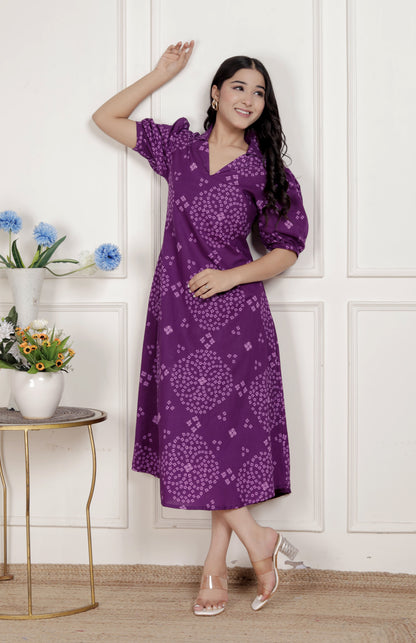 Miravan Womens Purple Bandhni printed A-Line Midi Dress