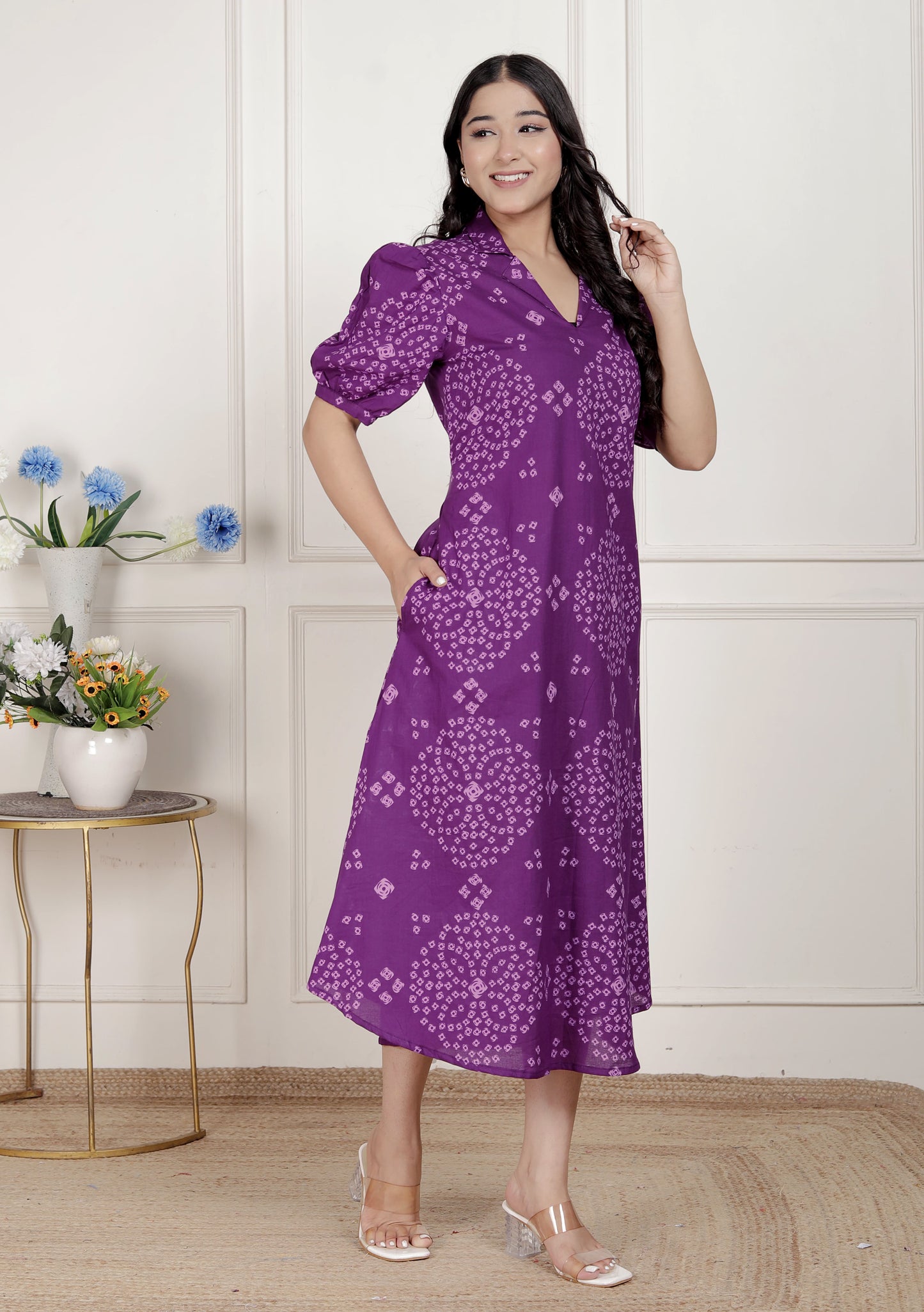 Miravan Womens Purple Bandhni printed A-Line Midi Dress