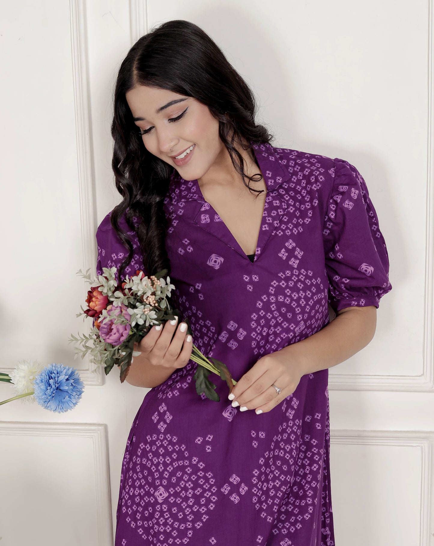 Miravan Womens Purple Bandhni printed A-Line Midi Dress