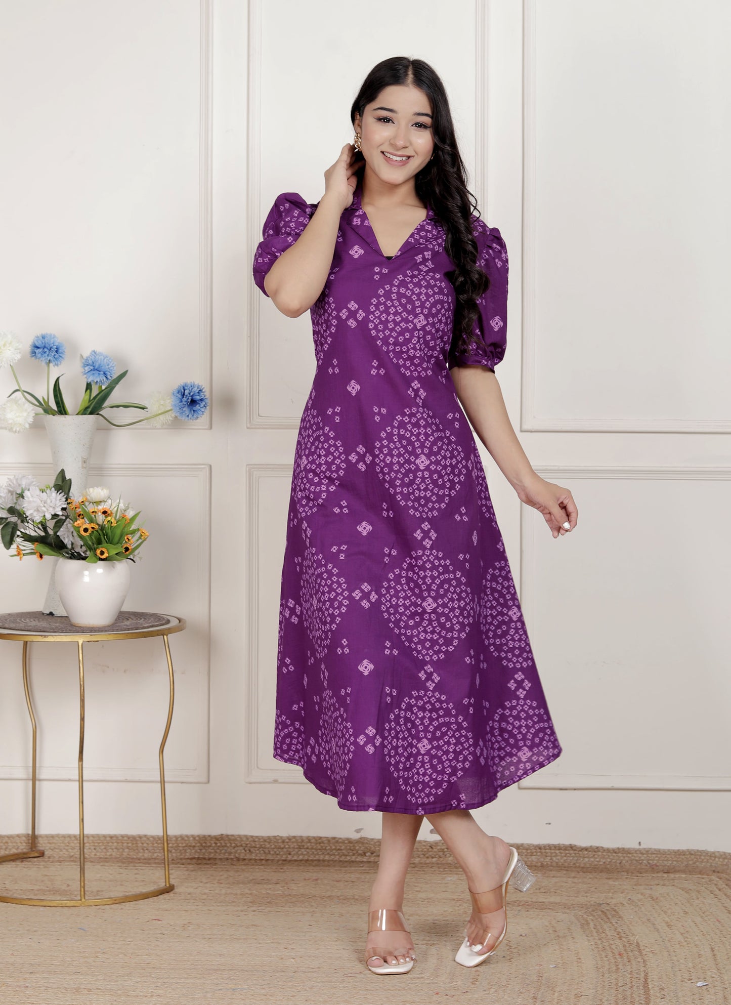 Miravan Womens Purple Bandhni printed A-Line Midi Dress