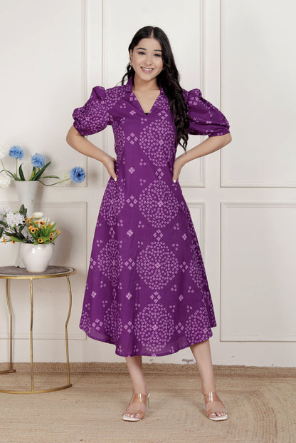Miravan Womens Purple Bandhni printed A-Line Midi Dress