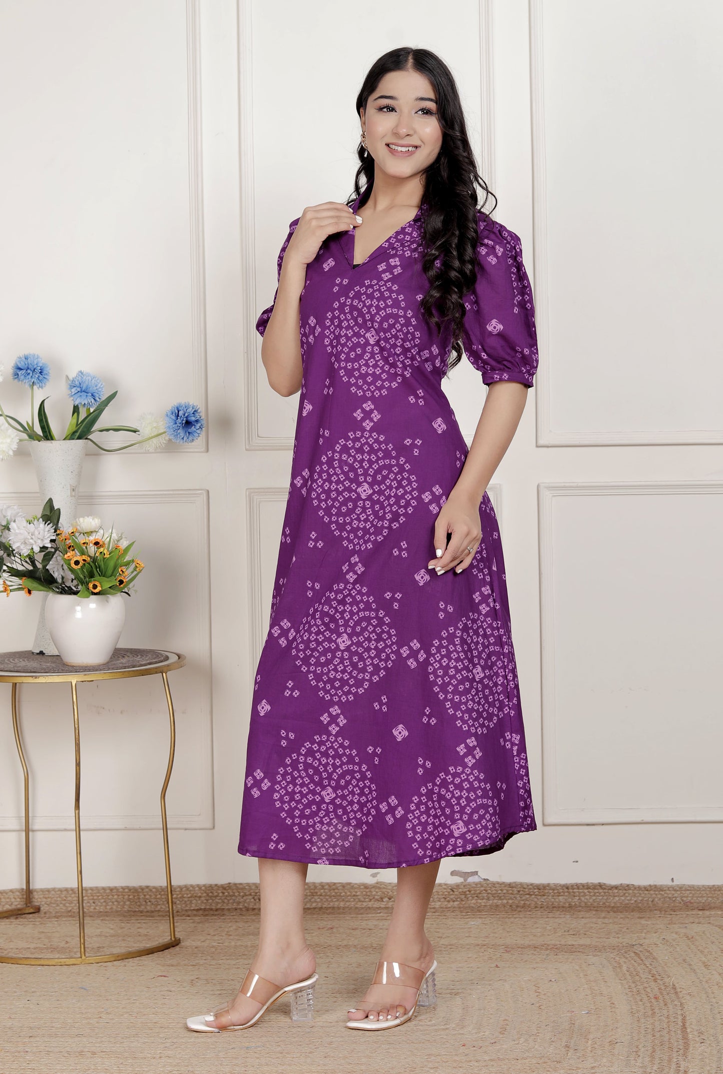 Miravan Womens Purple Bandhni printed A-Line Midi Dress