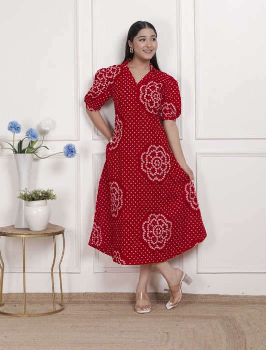 Miravan Womens Red Bandhani Printed Collar Neck Midi Dress
