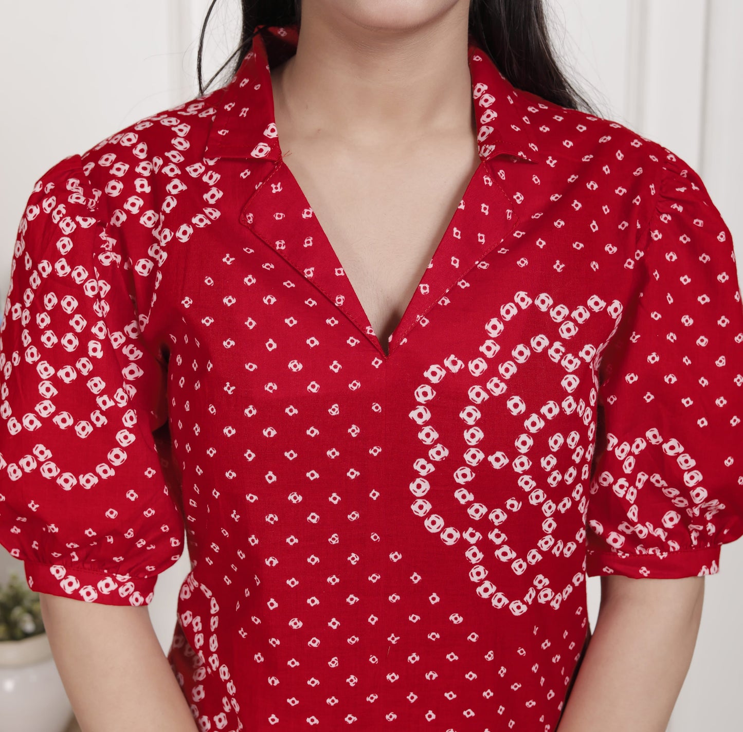 Miravan Womens Red Bandhani Printed Collar Neck Midi Dress