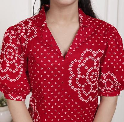 Miravan Womens Red Bandhani Printed Collar Neck Midi Dress