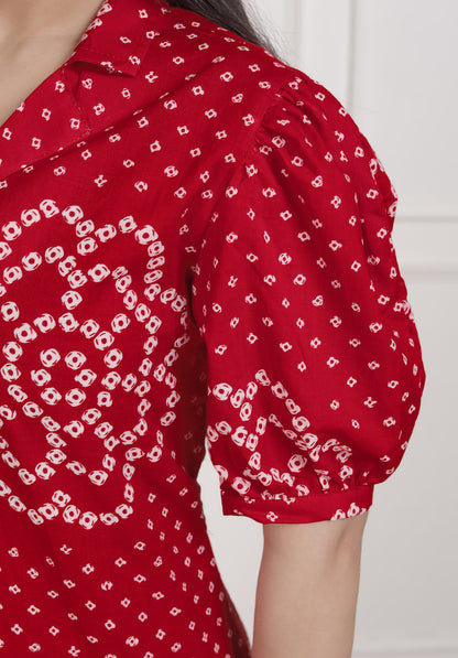 Miravan Womens Red Bandhani Printed Collar Neck Midi Dress