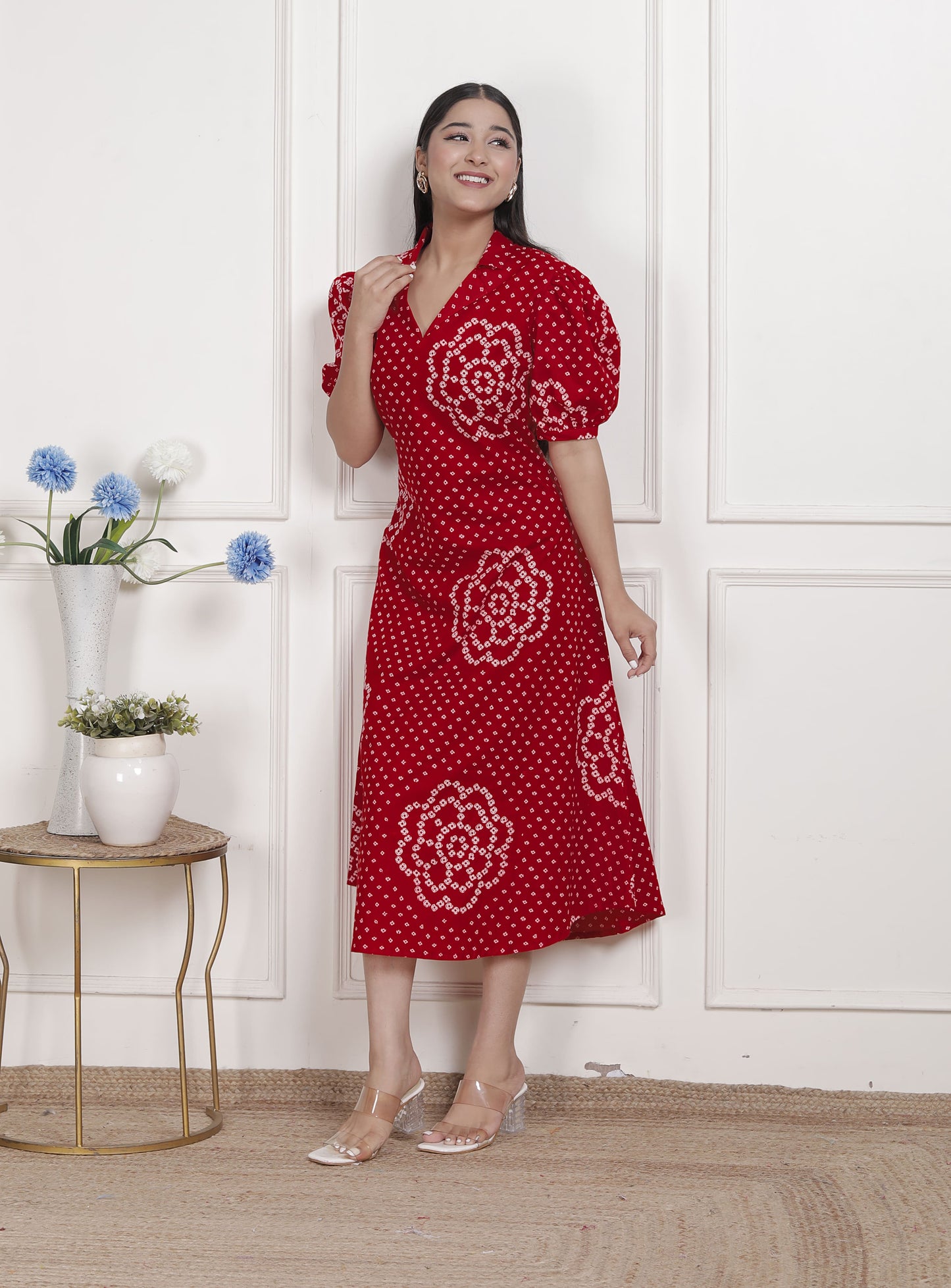 Miravan Womens Red Bandhani Printed Collar Neck Midi Dress