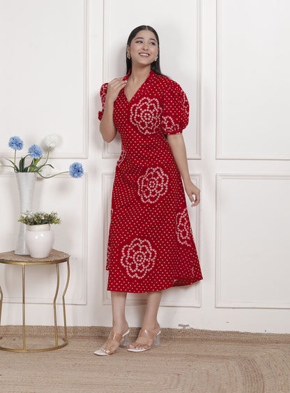 Miravan Womens Red Bandhani Printed Collar Neck Midi Dress