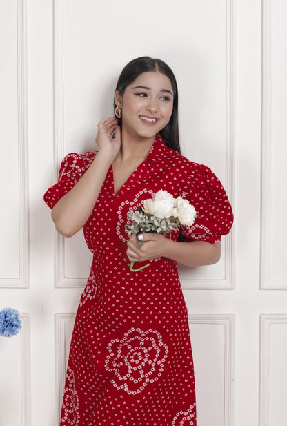 Miravan Womens Red Bandhani Printed Collar Neck Midi Dress
