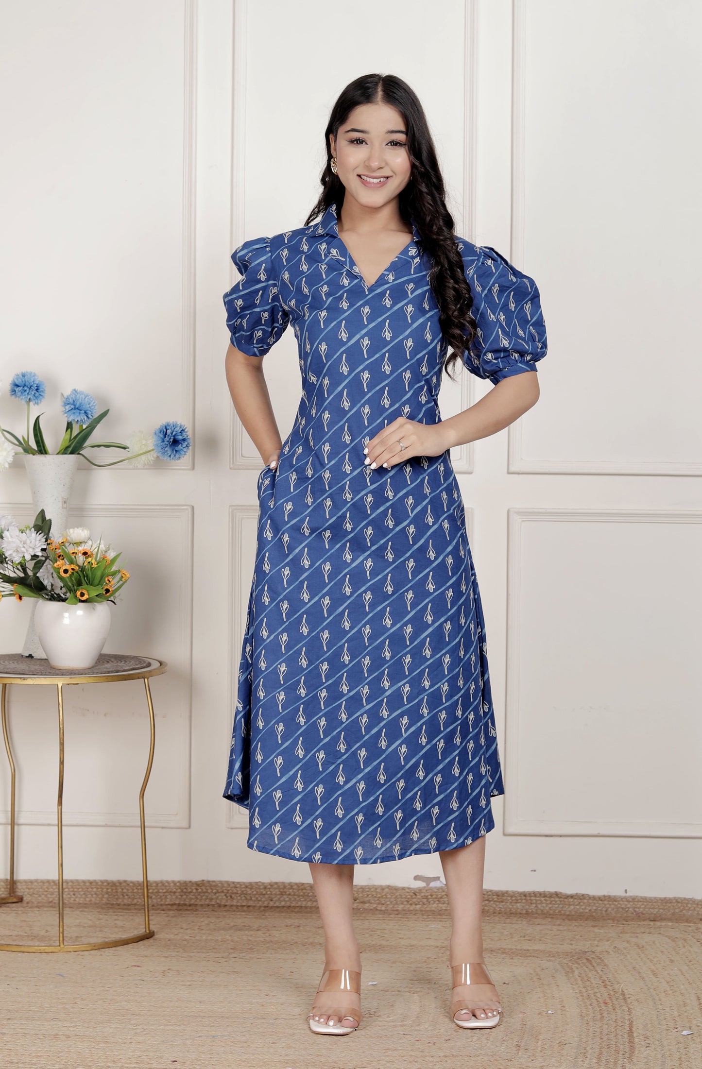 Miravan Womens Floral Print Collar-Neck Puff Sleeves A-Line Maxi Dress