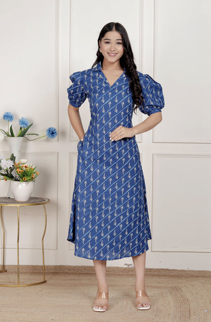 Miravan Womens Floral Print Collar-Neck Puff Sleeves A-Line Maxi Dress