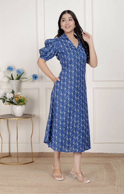 Miravan Womens Floral Print Collar-Neck Puff Sleeves A-Line Maxi Dress