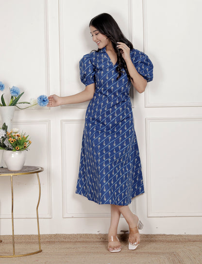 Miravan Womens Floral Print Collar-Neck Puff Sleeves A-Line Maxi Dress