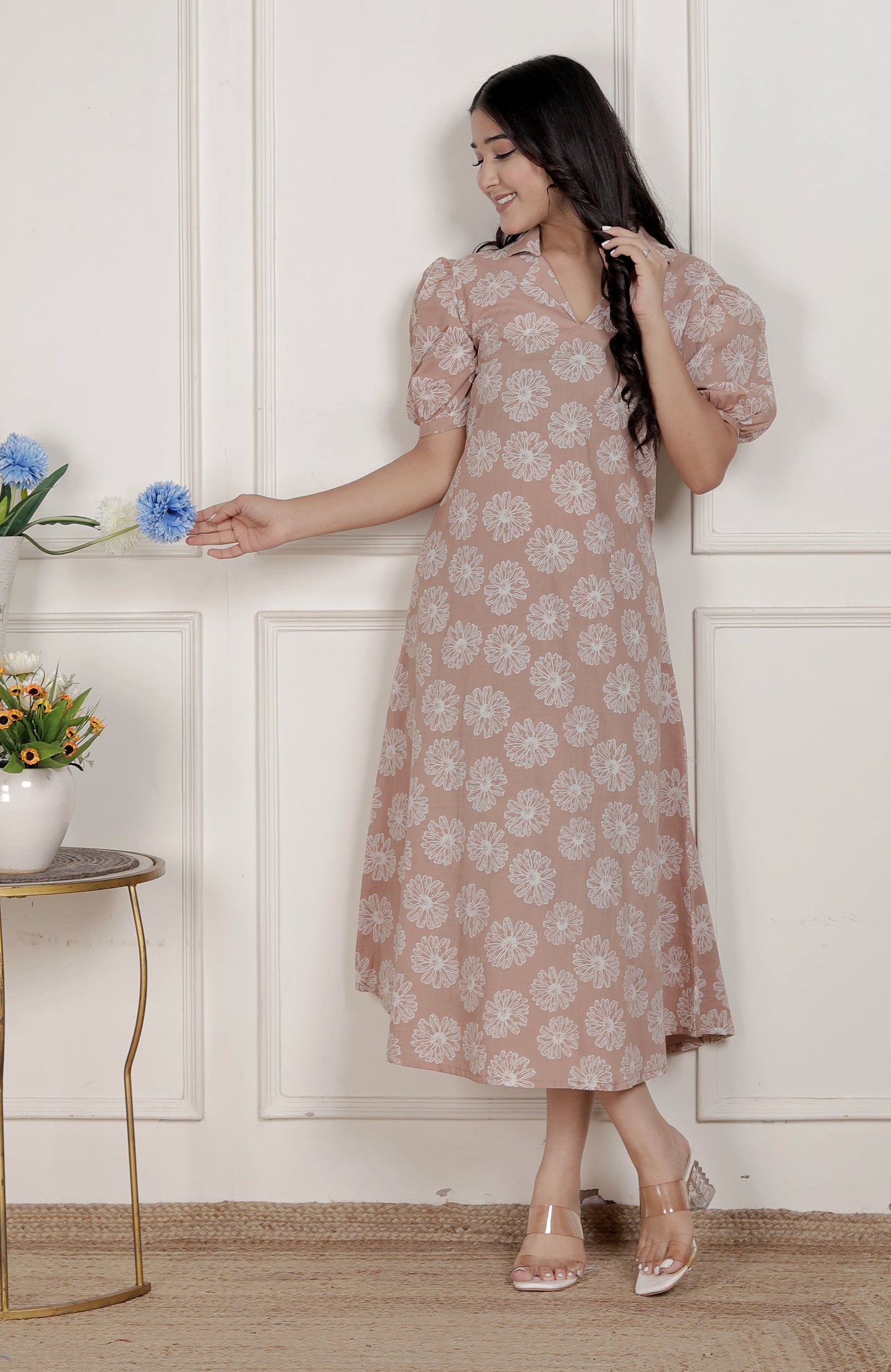 Miravan Womens Puff Sleeve Pure Cotton Printed Maxi Dress