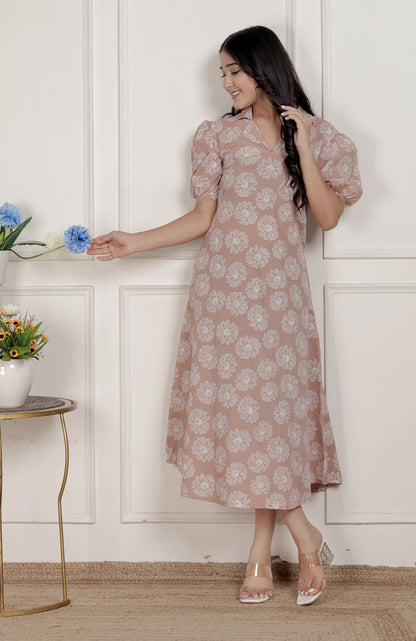 Miravan Womens Puff Sleeve Pure Cotton Printed Maxi Dress