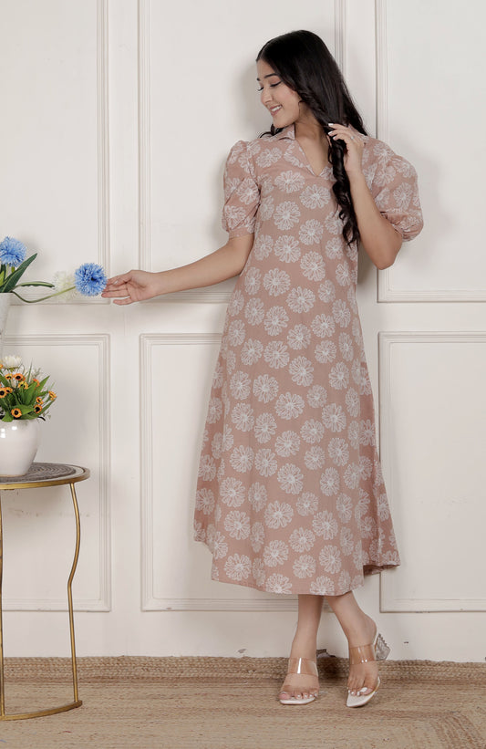 Miravan Womens Puff Sleeve Pure Cotton Printed Maxi Dress