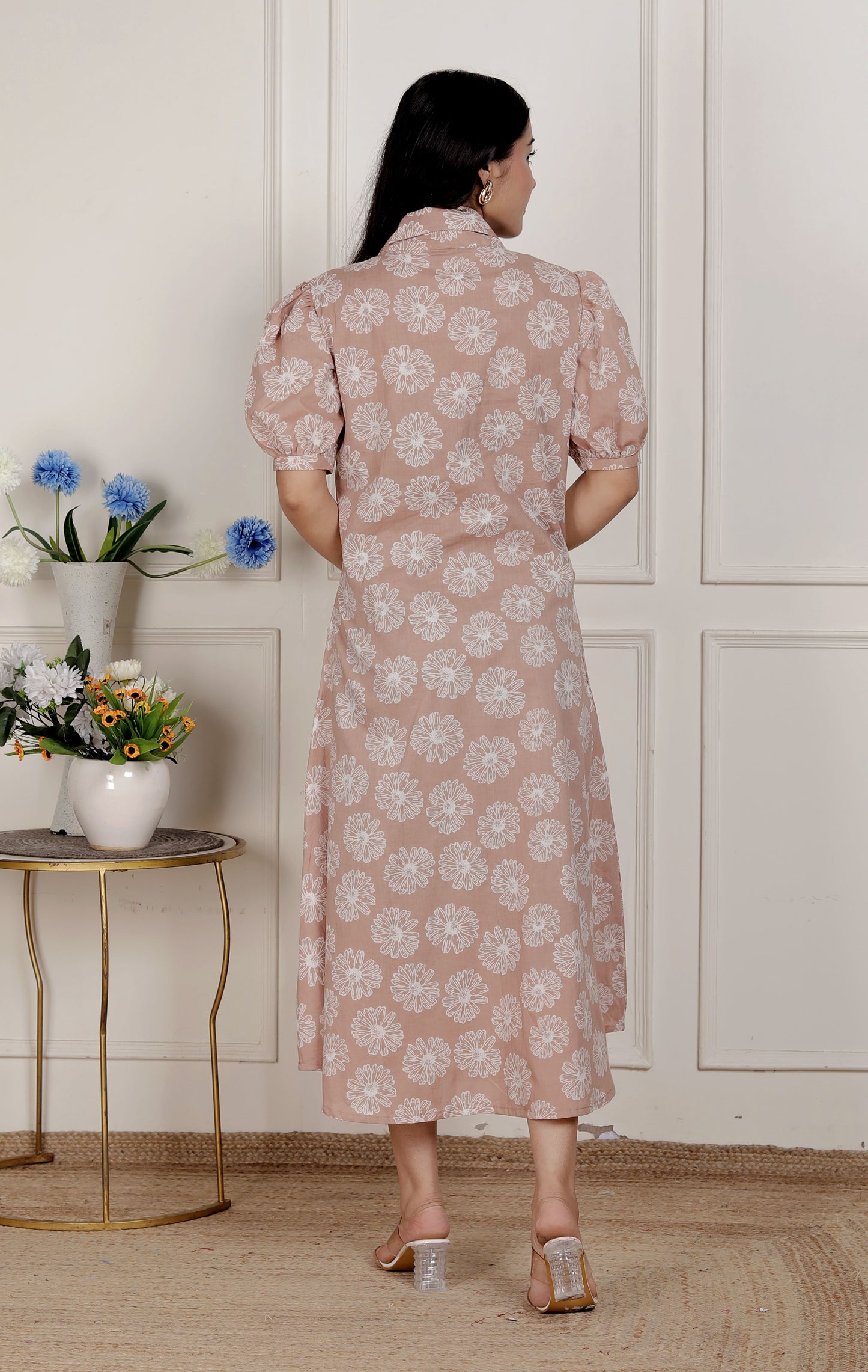 Miravan Womens Puff Sleeve Pure Cotton Printed Maxi Dress