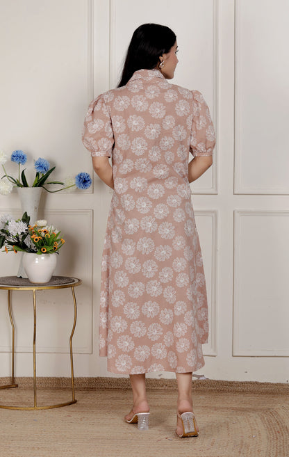 Miravan Womens Puff Sleeve Pure Cotton Printed Maxi Dress