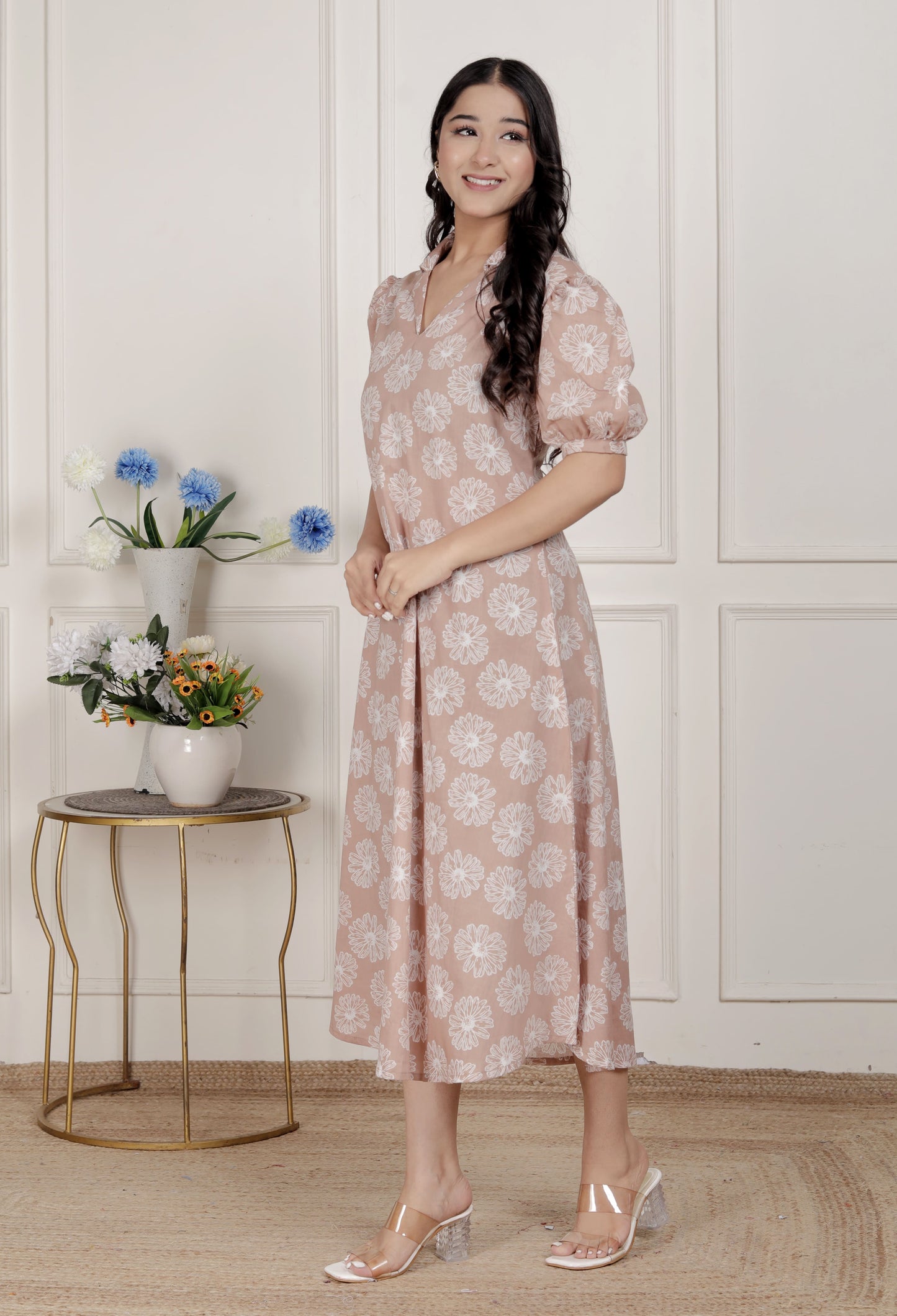 Miravan Womens Puff Sleeve Pure Cotton Printed Maxi Dress