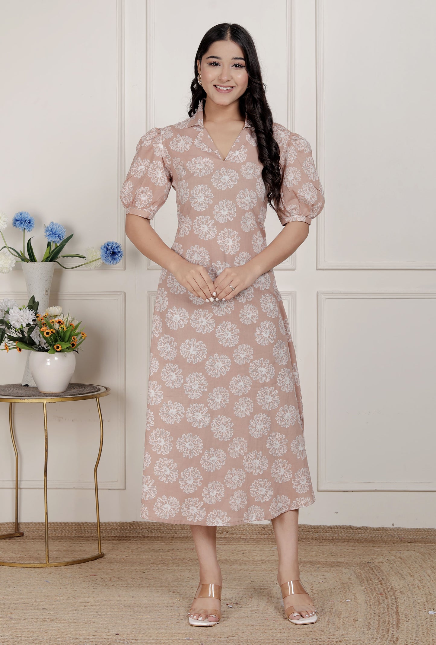 Miravan Womens Puff Sleeve Pure Cotton Printed Maxi Dress