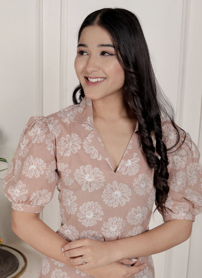 Miravan Womens Puff Sleeve Pure Cotton Printed Maxi Dress