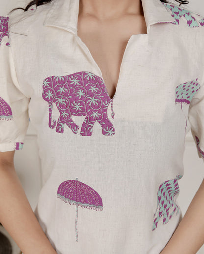 Miravan Womens Flex cotton Short sleeve Off White Animal print A-Line Maxi dress