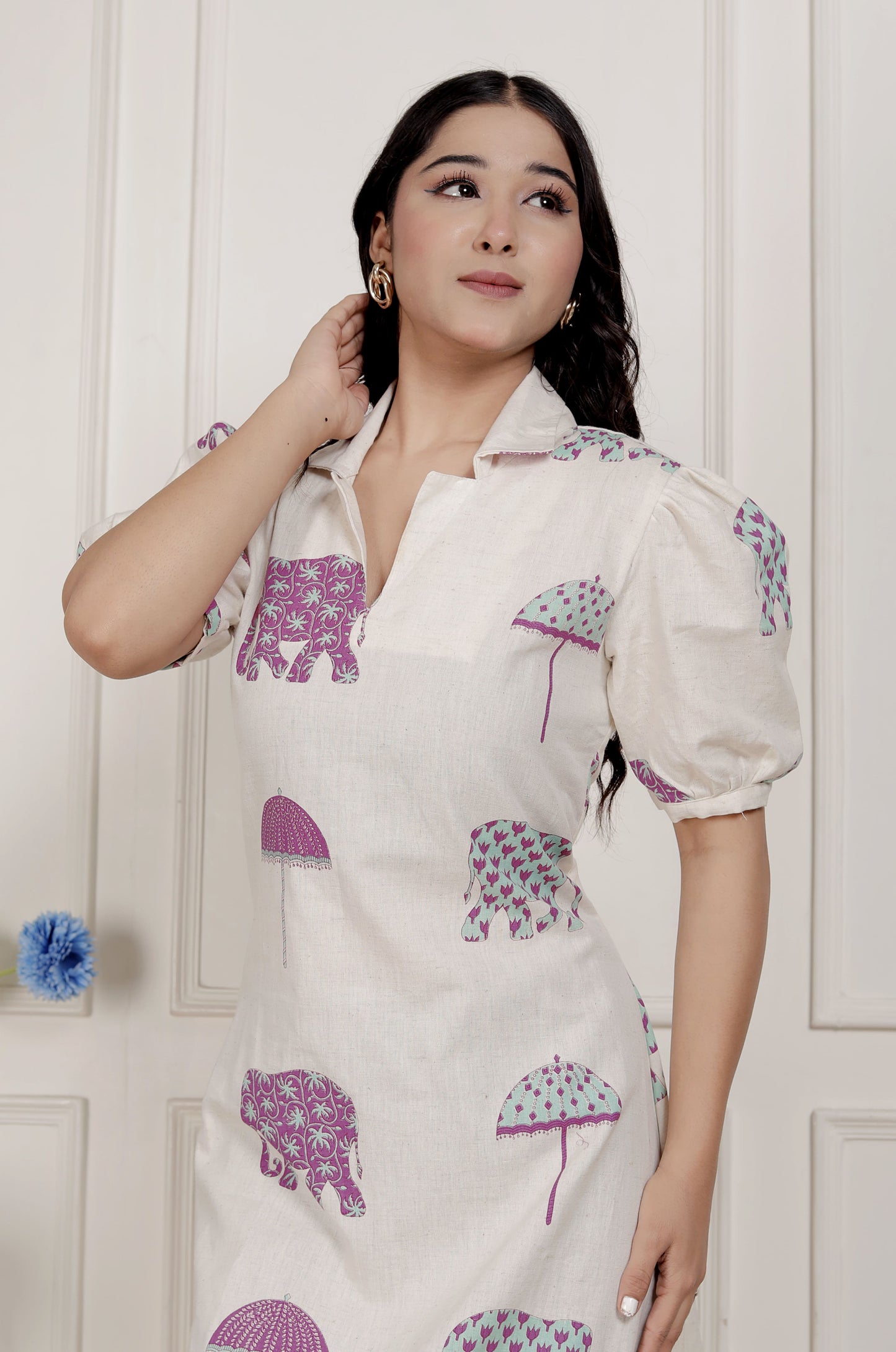 Miravan Womens Flex cotton Short sleeve Off White Animal print A-Line Maxi dress