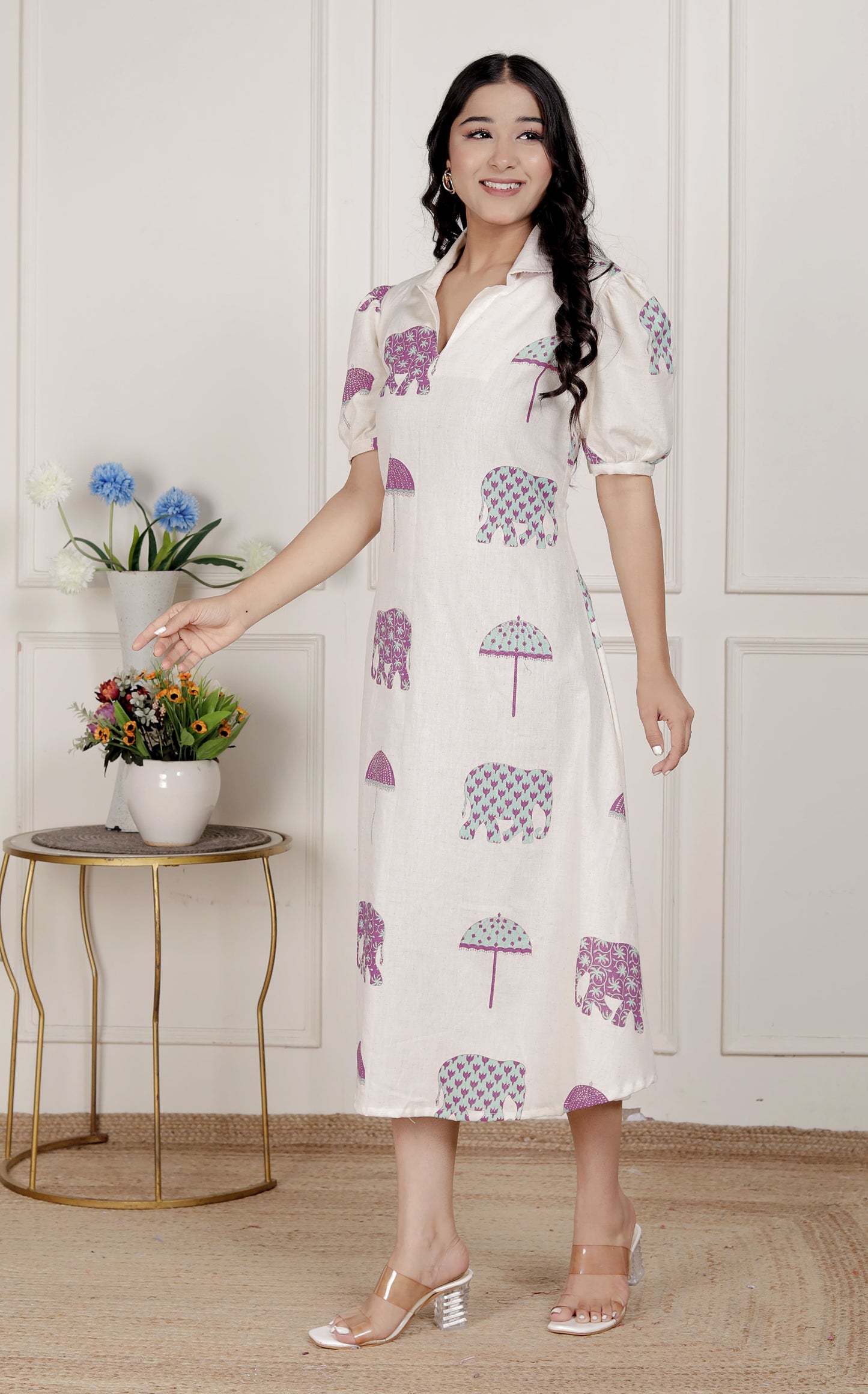 Miravan Womens Flex cotton Short sleeve Off White Animal print A-Line Maxi dress