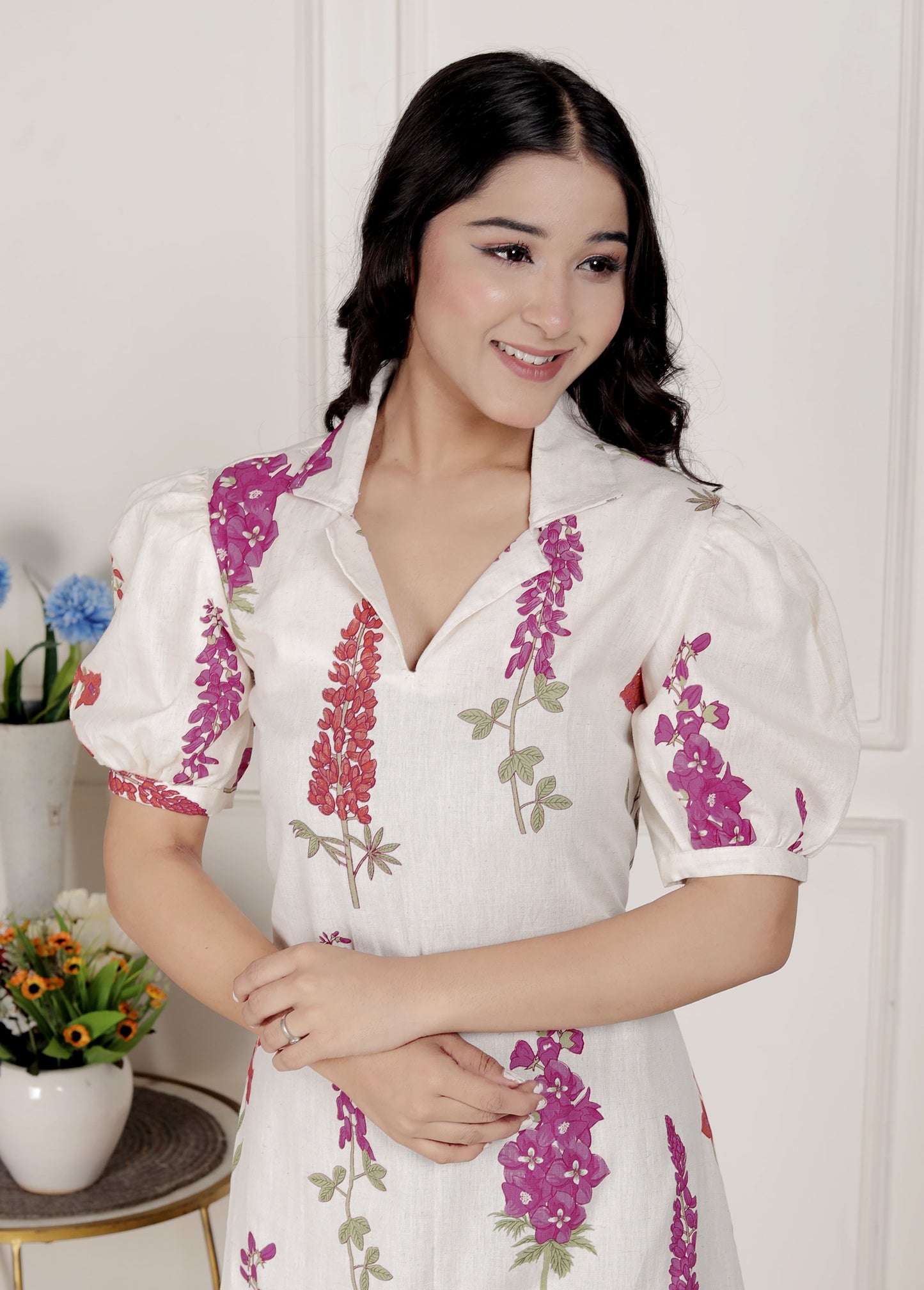 Miravan Womens Off White Flower Printed Cotton Flex Maxi Dress