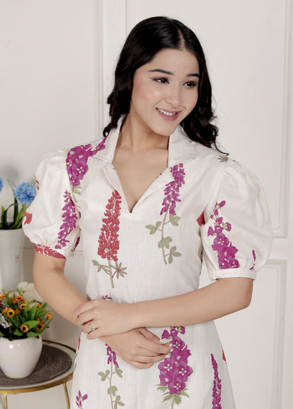 Miravan Womens Off White Flower Printed Cotton Flex Maxi Dress