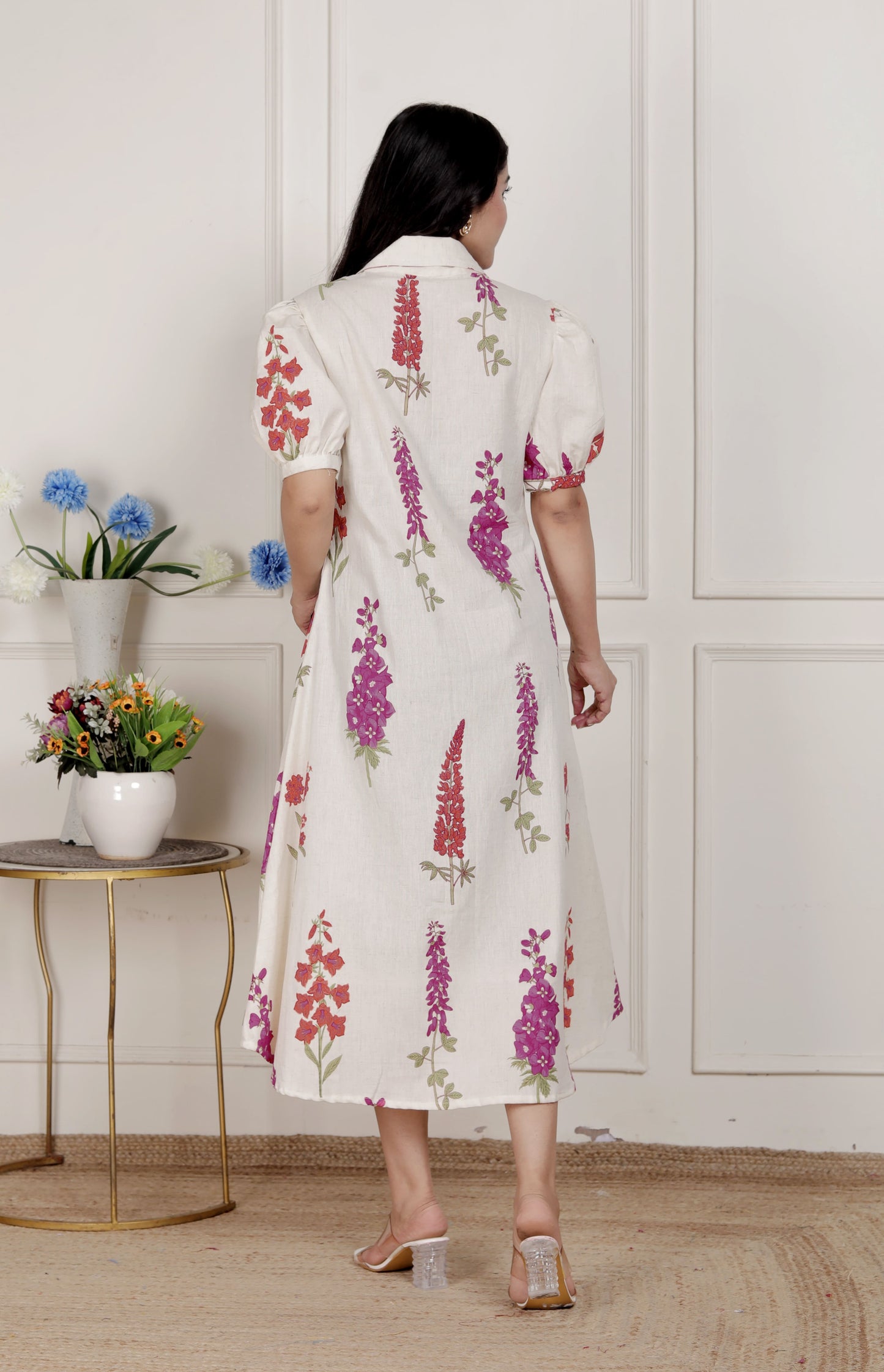 Miravan Womens Off White Flower Printed Cotton Flex Maxi Dress