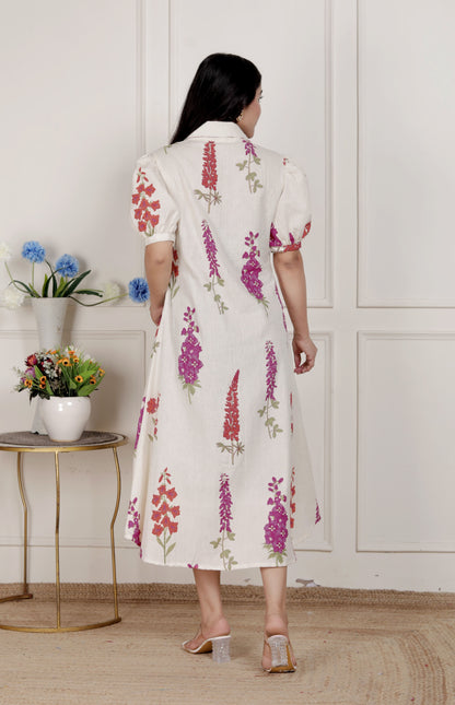 Miravan Womens Off White Flower Printed Cotton Flex Maxi Dress