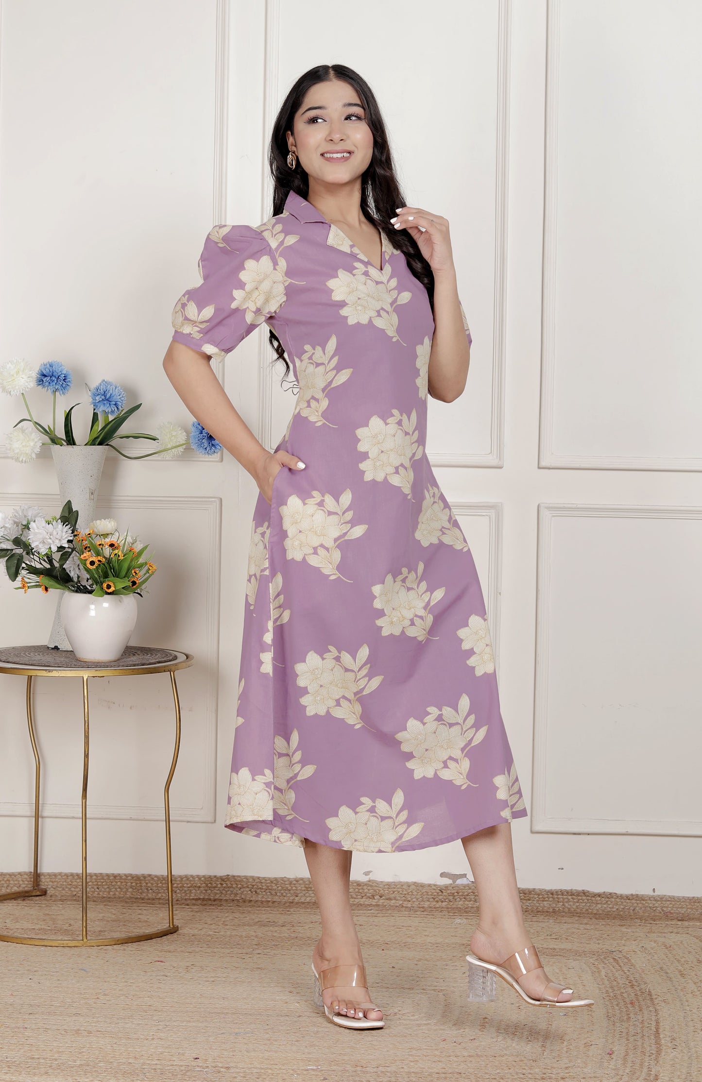 Miravan Womens Lavender Floral printed A-Line Maxi Dress