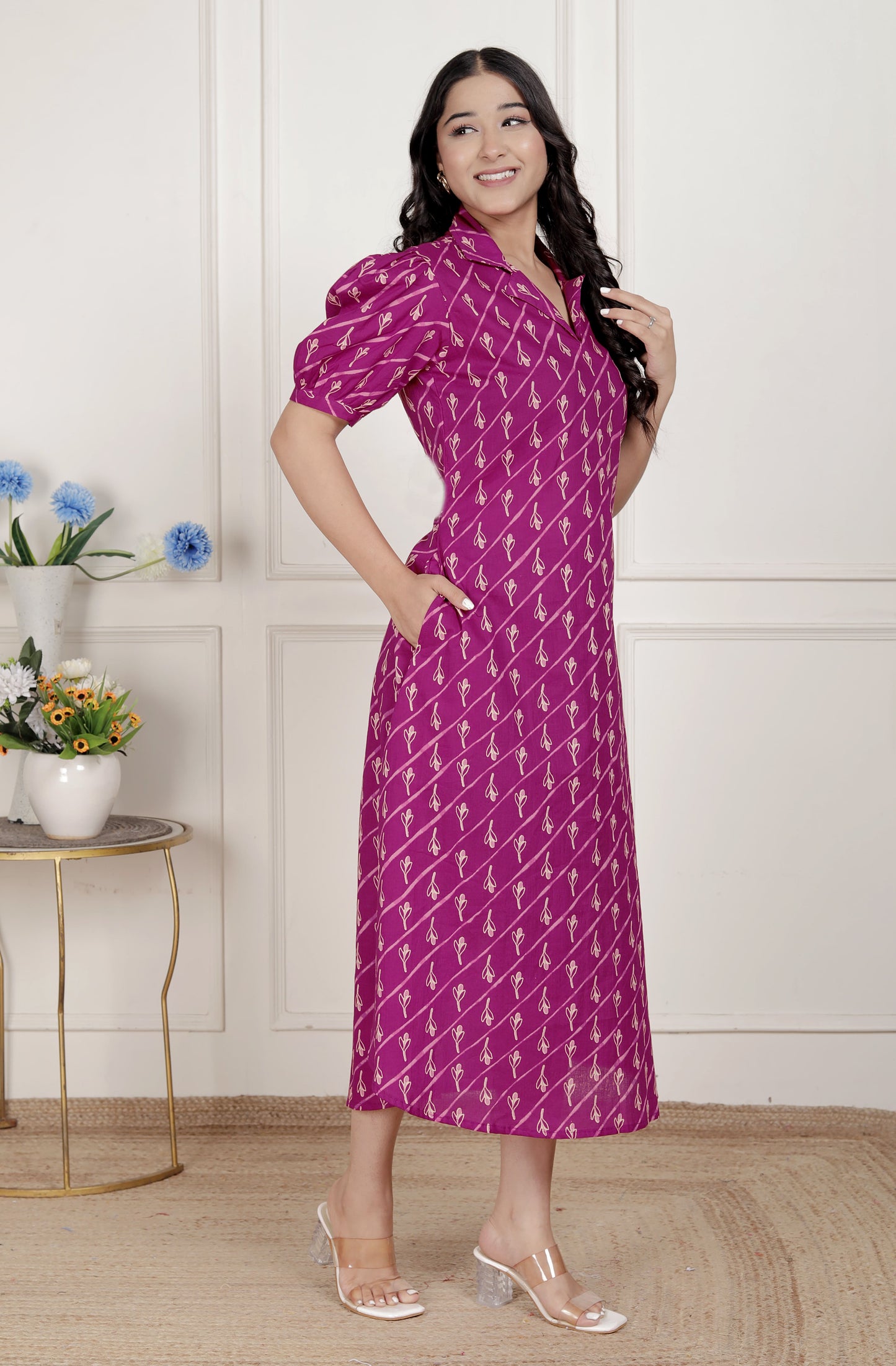 Miravan Womens Magenta Floral Printed Cotton Dress with one side Pocket